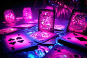 póker tarjetas en un oscuro antecedentes con un lote de ligero efectos, jugando tarjetas resplandor en rosado y púrpura neón colores, ai generado foto