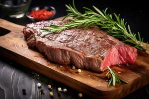 A la parrilla carne de vaca filete con Romero y especias en de madera corte junta, pedazo de grupa filete en corte junta, cerca arriba, ai generado foto