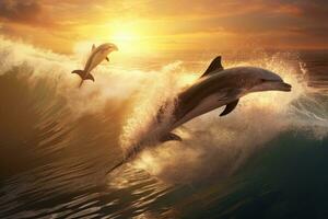 delfines saltando fuera de el Oceano a atardecer, 3d prestar, juguetón delfines saltando terminado rotura ondas, ai generado foto