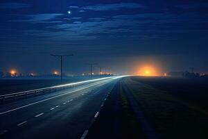 Night road in the fog and the moon in the night sky, Panoramic view of the empty highway through the fields in a fog at night. Moonlight, clear sky. Sunrise. Europe, AI Generated photo