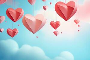 san valentin día antecedentes con corazones y nubes 3d representación, papel Arte de corazón forma colgando desde el cielo en pastel fondo, ai generado foto