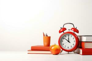 Red alarm clock, books and apple on white background. Back to school concept, Orange alarm clock with red apple and school equipment. Back to school concept on white background , AI Generated photo