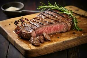 Grilled beef steak on cutting board with rosemary and spices on wooden background, Piece of rump steak on cutting board, close up, AI Generated photo