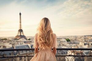 hermosa rubia niña con eiffel torre en París, Francia, una vez en París. espalda Delgado elegante mujer con largo rubio pelo en vestir en techo en contra eiffel torre, ai generado foto