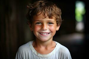 retrato de un sonriente pequeño chico en un habitación con oscuro fondo, Perfecto niños sonrisa, contento chico con hermosa blanco Leche con dientes sonrisa, ai generado foto