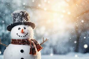 Snowman in hat and scarf in winter forest. Christmas background, Panoramic view of happy snowman in winter secenery with copy space, AI Generated photo