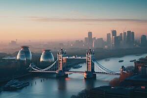 Londres ciudad horizonte a puesta de sol con torre puente y Támesis río, Reino Unido, foto de Londres horizonte a amanecer, ai generado