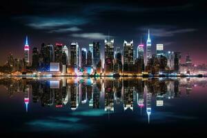 noche escena de llevar a la fuerza horizonte con reflexión en huangpu río, panorámico ver en Manhattan a noche, nuevo york, EE.UU, ai generado foto