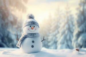 Snowman in winter forest. Christmas and New Year holidays background, Panoramic view of happy snowman in winter secenery with copy space, AI Generated photo