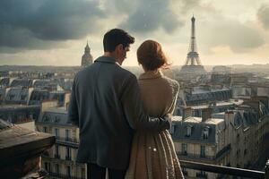 romántico Pareja en París, mirando a eiffel torre, una vez en París. Pareja posterior ver en el techo en contra el eiffel torre, ai generado foto