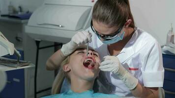 dental cirurgião aplica-se dental sonda para examinar pacientes dentes video