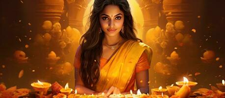 Diwali, Festival of Lights, yellow background. Web banner design with candles and woman photo