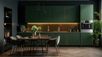 Gold and dark green kitchen. Minimalism. photo