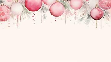 Christmas border with pink balls on white background. Watercolor Christmas and New Year background photo