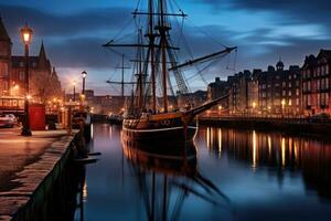histórico navegación Embarcacion en el puerto de gdańsk, Polonia, antiguo leiths muelles a crepúsculo. Edimburgo, Escocia, ai generado foto