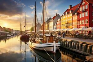 nyhavn es un canal en Copenhague, Dinamarca, nyhavn a dorado hora, Copenhague, Dinamarca, ai generado foto