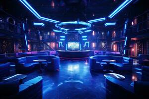 3d render of the interior of a night club with neon lights, night club interior, AI Generated photo