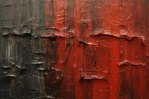 resumen antecedentes de rojo y negro pintar en el antiguo metal superficie, petróleo pintar con un alto texturizado textura, ai generado foto