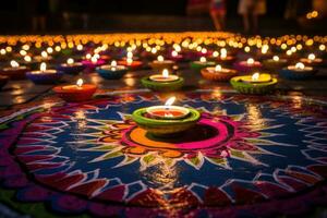 Colorful diya lamps lit during Diwali celebration in India, Oil lamps lit on colorful rangoli during diwali celebration, AI Generated photo