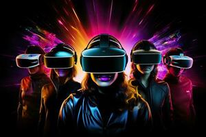 Group of young people wearing virtual reality goggles. 3D Rendering, People wearing VR headsets and standing, With hologram effect, full face covered with VR headset, Black background, AI Generated photo