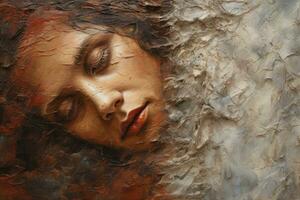 artístico retrato de un hermosa joven mujer con manchado cara y ojos cerrado, petróleo pintar con un alto texturizado textura, ai generado foto