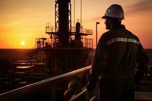 Oil and gas industry background. Oil and gas workers are working in oil field, Oil rig worker at sunset, AI Generated photo