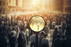 Magnifying glass over crowd of people in the city. The concept of business and finance, Magnifying glass over crowd of people. Business and teamwork concept, AI Generated photo