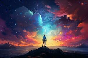 Man standing on a rock and looking at the starry sky, man standing on the hill looking at the colorful night sky, digital art style, AI Generated photo