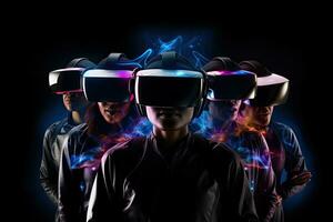 Three young people with virtual reality headset over black background. Mixed media, People wearing VR headsets and standing, With hologram effect, full face covered with VR headset, AI Generated photo