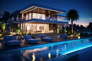 3d rendering of modern cozy house with pool and parking for sale or rent in luxurious style and beautiful landscaping on background. Clear summer night with many stars on the sky, AI Generated photo