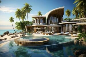 3d rendering of a luxury villa on the beach with swimming pool, Luxury beach resort, AI Generated photo