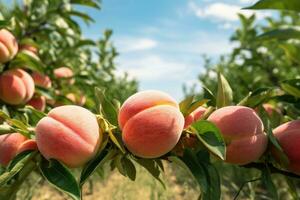 Peach tree with ripe peaches in orchard, closeup, peaches in the farm field, AI Generated photo