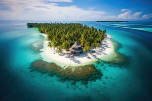 Aerial view of tropical island with palm trees at Maldives, Maldives Islands Tropical, AI Generated photo