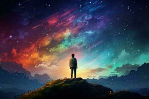 Man standing on top of hill and looking at colorful starry sky, man standing on the hill looking at the colorful night sky, digital art style, AI Generated photo