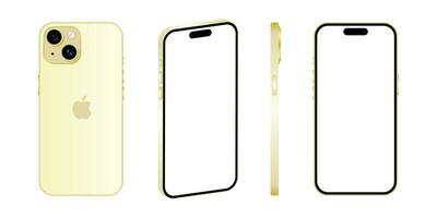 Iphone 15 model. Yellow color. Front view, side view and back view. Vector mockup. Vector illustration