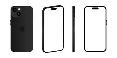 Iphone 15 model. Black color. Front view, side view and back view. Vector mockup. Vector illustration