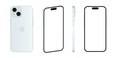 Iphone 15 model. Blue color. Front view, side view and back view. Vector mockup. Vector illustration