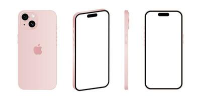 Iphone 15 model. Pink color. Front view, side view and back view. Vector mockup. Vector illustration