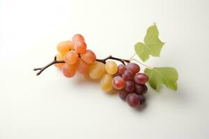 Bunch of red and yellow grapes on white background with green leaves, Two peaches and grapes branch on white background, AI Generated photo