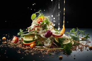 Fresco ensalada con vegetales y frutas en un negro antecedentes. restaurante menú, quitar el velo el culinario arte con macro comida fotografía, capturar Agua en la boca detalles y, ai generado foto