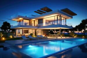 3d rendering of modern cozy house with pool and parking for sale or rent in luxurious style and beautiful landscaping on background. Clear summer night with many stars on the sky, AI Generated photo