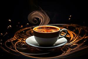 Cup of coffee with steam on dark background. 3d rendering, Unveil the allure of coffee or tea through macro photography. capture mesmerizing patterns, swirls, and, AI Generated photo