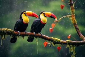 Toucan sitting on a branch in the rain. Toco Toucan - Ramphastos toco, Two toucans sitting on the branch in the rainforest, AI Generated photo