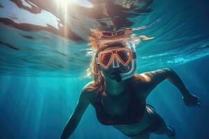 joven mujer bucear submarino en el mar. sano estilo de vida concepto, submarino antecedentes de un mujer bucear y haciendo buceo libre. deporte acuático actividad en verano vacaciones, ai generado foto