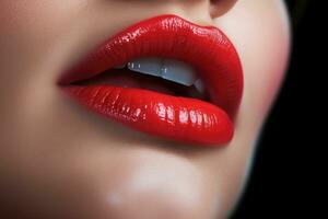 Closeup shot of beautiful female lips with glossy red lipstick. Red lips makeup, Ultra close - up view of beautiful sexy female lips, AI Generated photo