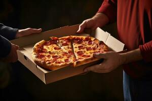 Close-up of male hands taking pizza from cardboard box on dark background, Man delivery pizza to a customer, top section cropped, AI Generated photo