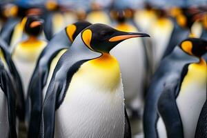 Rey pingüinos aptenoditos patagónico, grupo de Rey pingüinos en el zoo. fauna silvestre escena desde naturaleza, ai generado foto