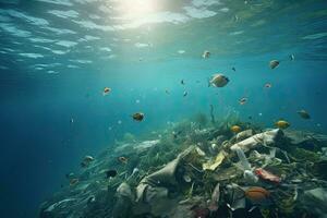 submarino ver de un tropical coral arrecife con pescado y basura, submarino ver de un pila de basura en el océano. 3d representación, ai generado foto