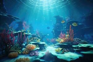 submarino mundo con corales y tropical pez. 3d prestar, submarino mundo. fantasía paisaje de el submarino mundo. 3d representación, ai generado foto