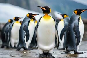 King penguins Aptenodytes patagonicus standing on a rock, Group of king penguins in the zoo. Wildlife scene from nature, AI Generated photo